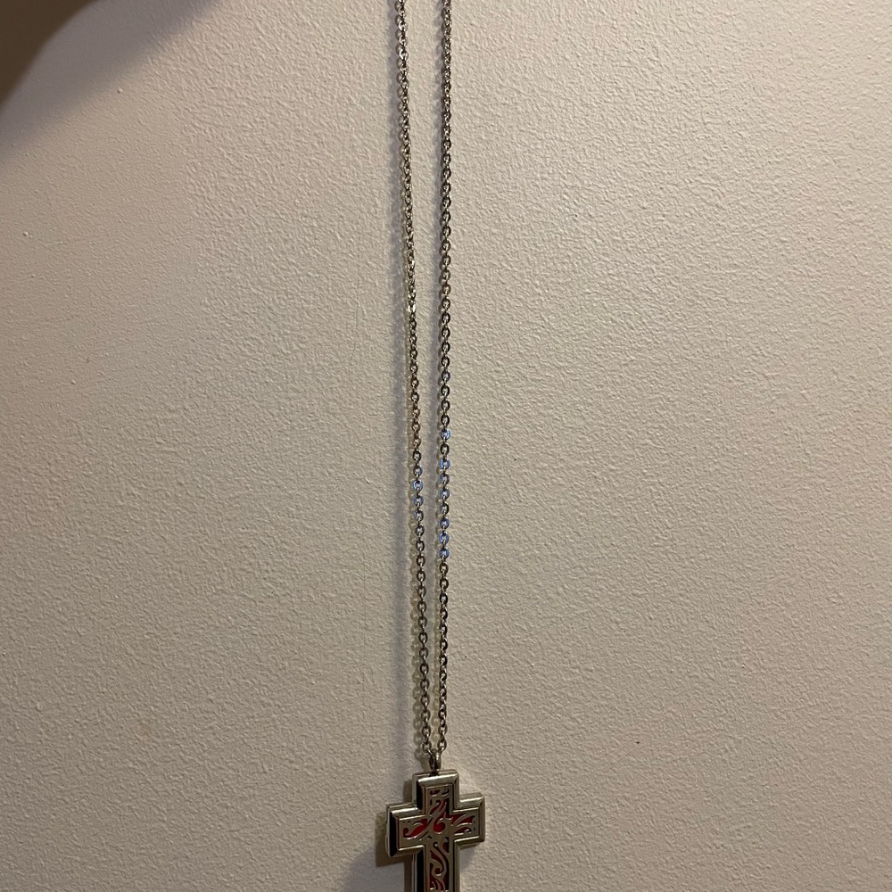 Silver Cross Pendant Necklace with Red Enamel Detail